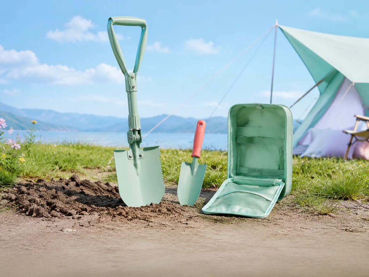 A folding shovel, hand trowel, and carry pouch prepared for campsite ground work.