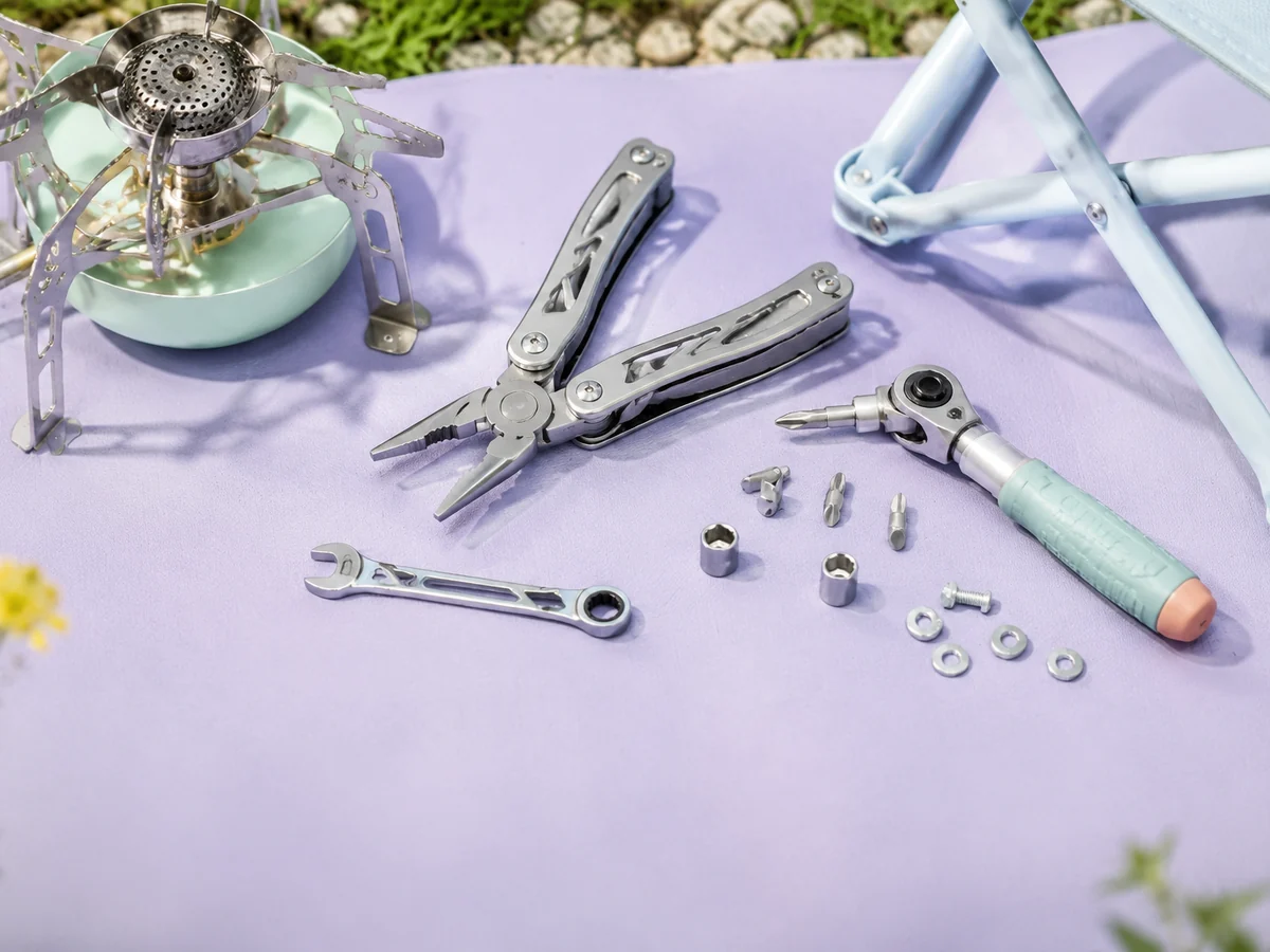 A pliers multitool, compact wrench, and ratcheting driver arranged for camp equipment fastening.