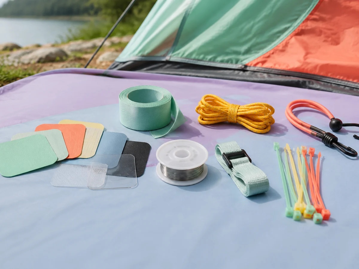 Repair patches, tape, cable ties, wire, and webbing organized for field repairs.