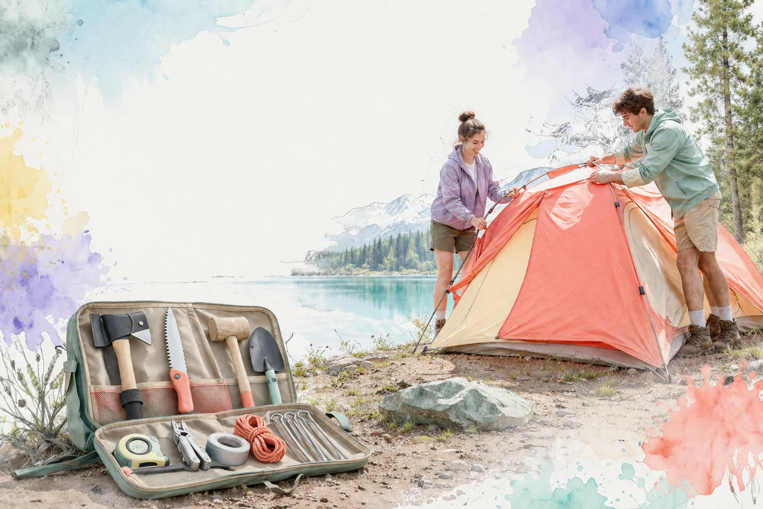Campers setting up a colorful shelter beside a complete field toolkit.