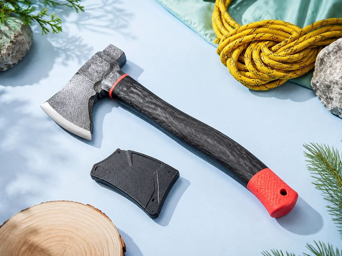 Compact camping axe with a forged steel head, edge guard, and fiber handle on an ice-blue field table.
