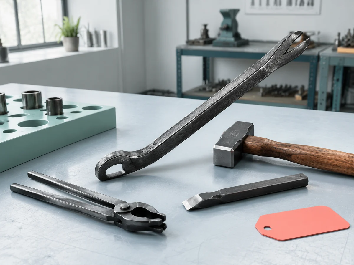Manual forged tool set with a pry bar, forging hammer, tongs, and chisel on a bright steel bench.