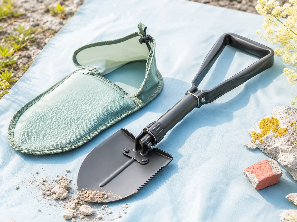 Folding entrenching shovel with a locking hinge, D-handle, and open mint carry pouch.