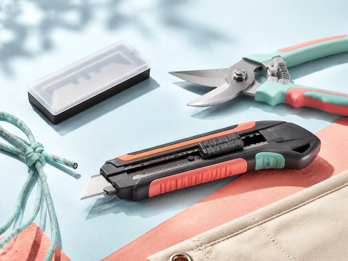 Manual cutting tool set with a utility knife, pruning shears, and protected spare blades on a bright repair mat.