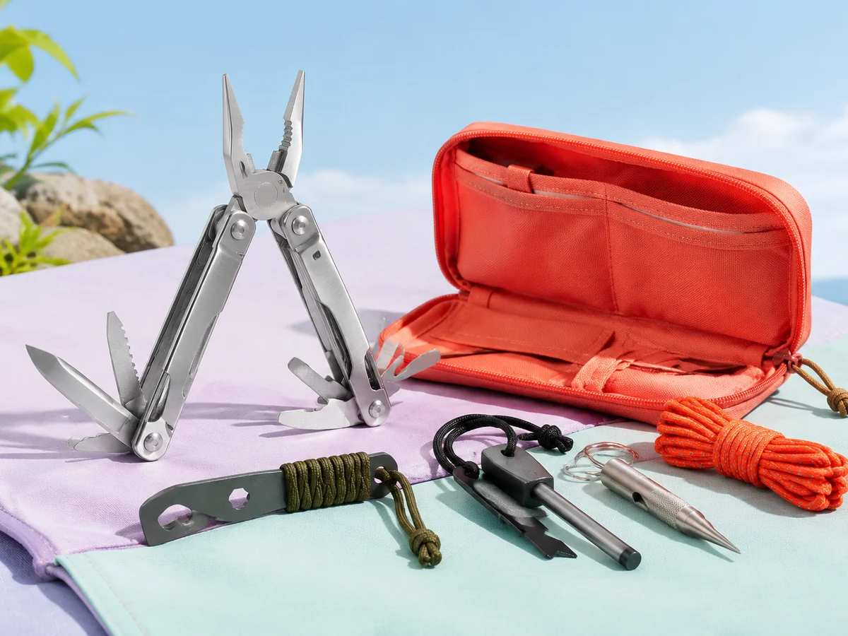 Outdoor survival hand-tool kit with a pliers multitool, pry tool, fire starter, whistle, awl, and cord.