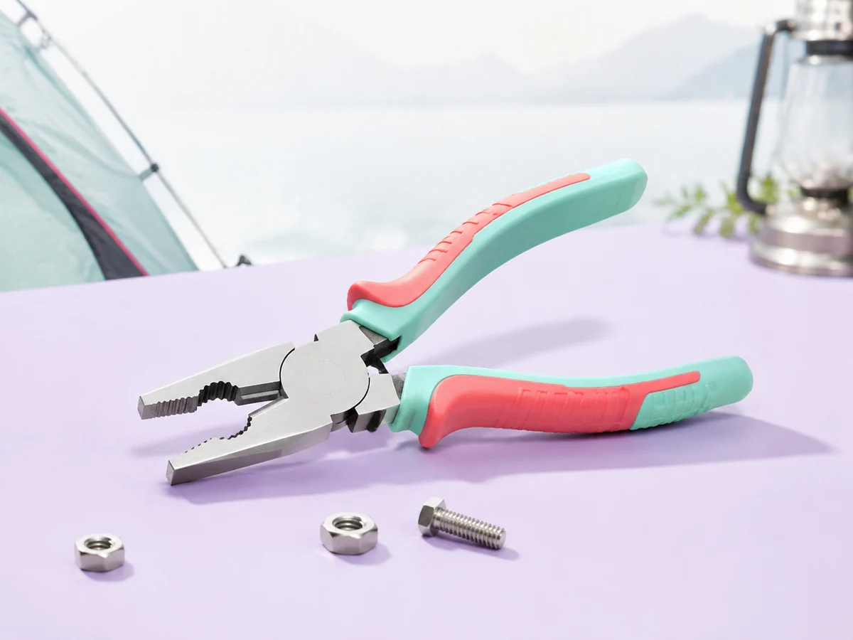Combination pliers with polished steel jaws and mint-and-coral grips on a pale lilac surface.