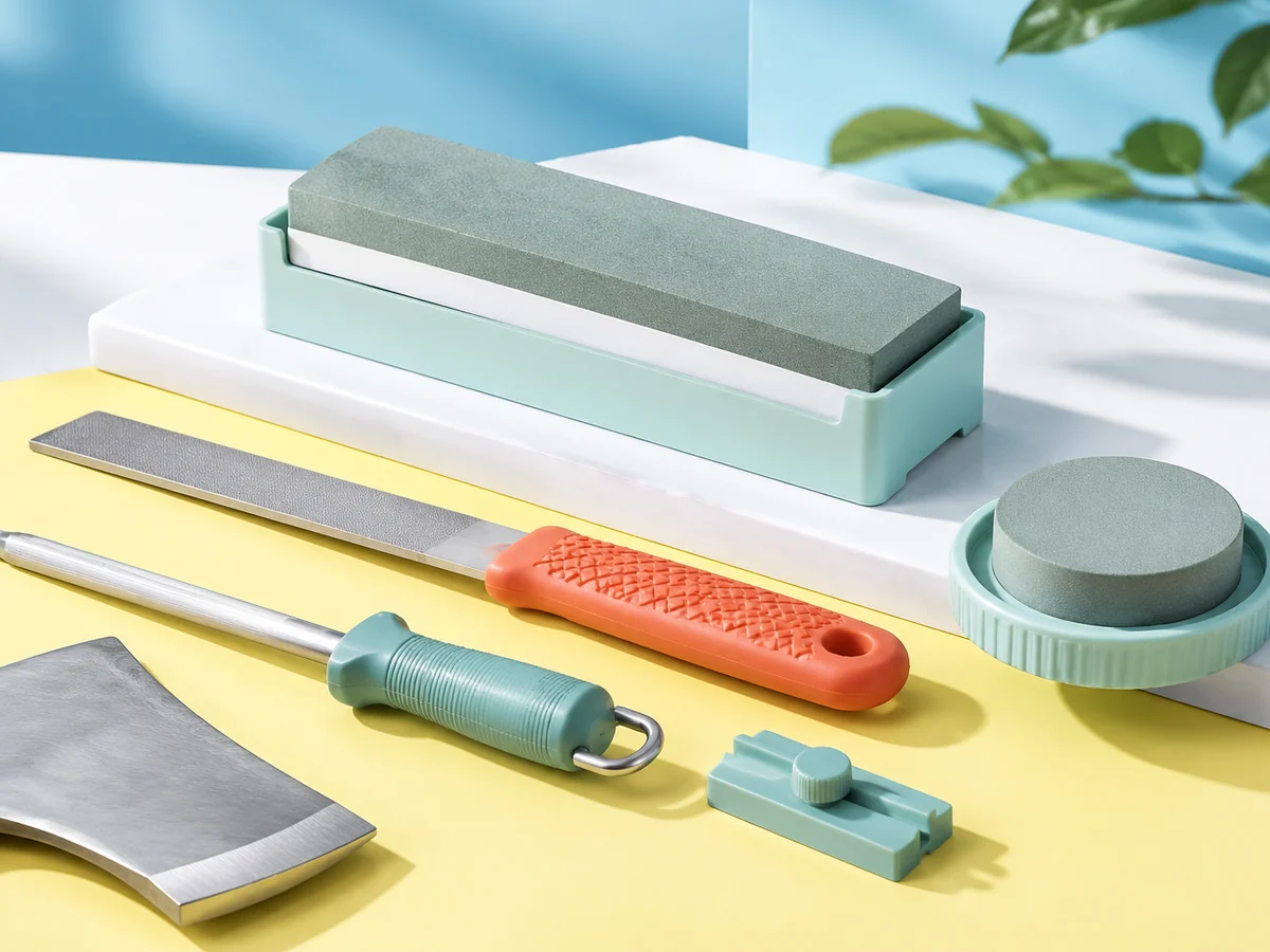 Manual field sharpening kit with a whetstone, axe puck, file, honing rod, and angle guide.