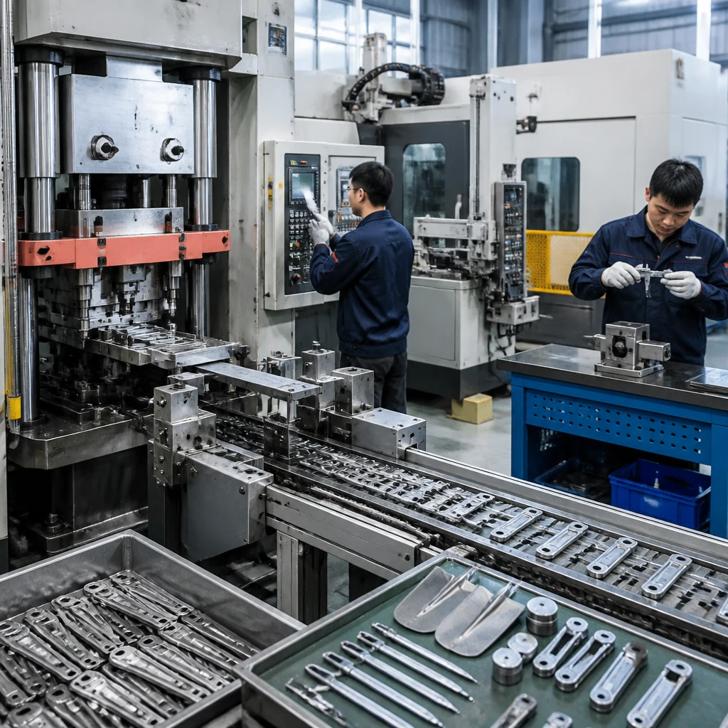 Technicians monitoring automated stamping and precision machining for camping hardware components.