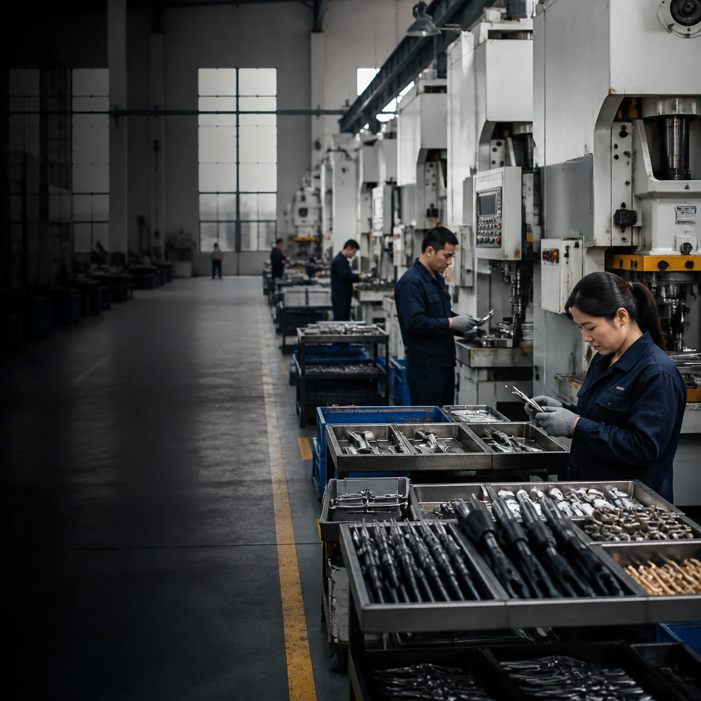 RUIANHENG technicians working across a modern camping hardware production line in China.