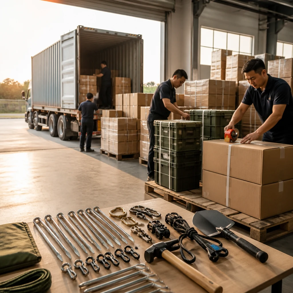 Camping hardware orders prepared at the RUIANHENG dispatch area for worldwide buyers.