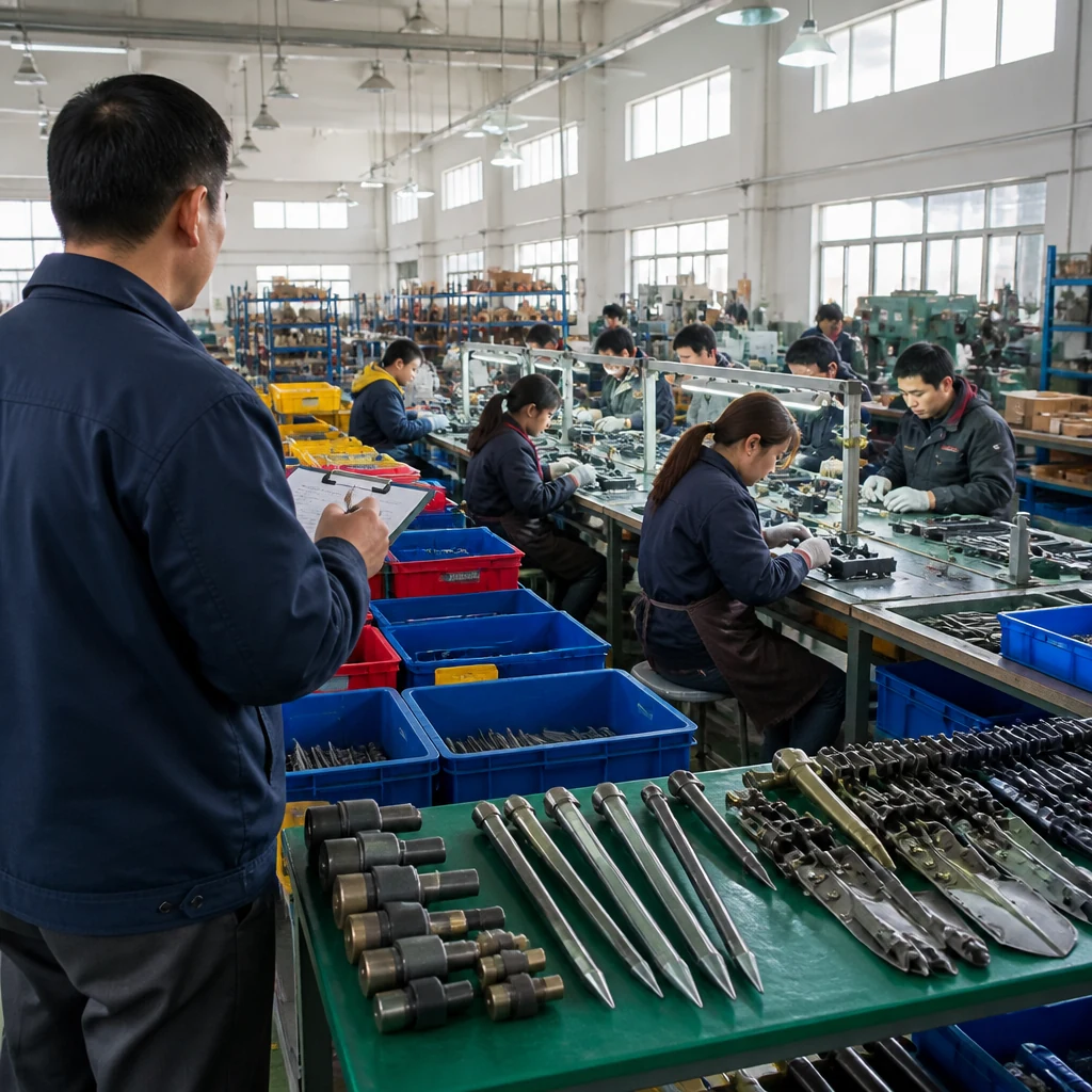 A RUIANHENG production team working across organized camping hardware assembly stations.