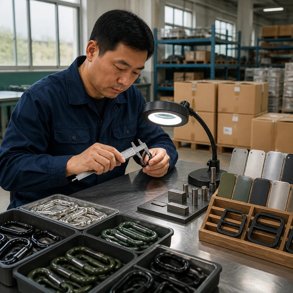 A RUIANHENG quality inspector measuring finished camping hardware before export packing.