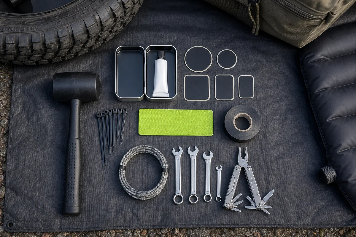 A complete field repair kit on a colorful camp mat.