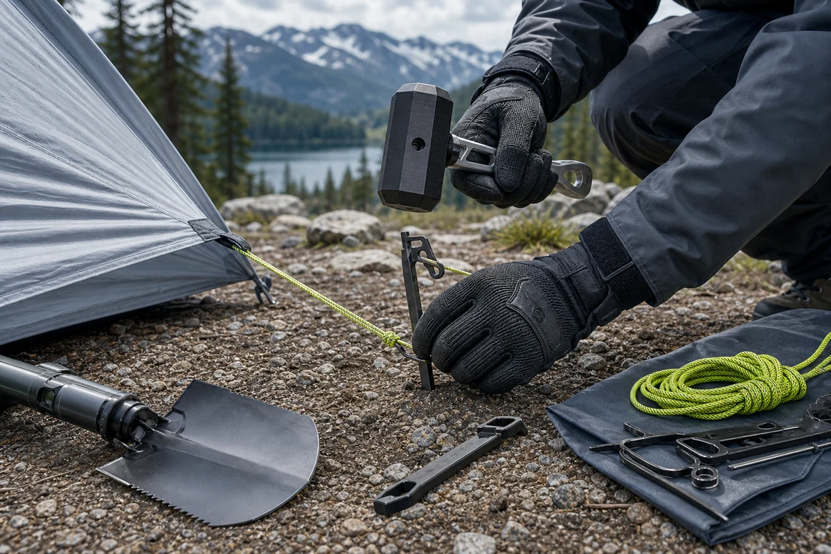 A camper using a mallet and stake tool to build a colorful shelter.