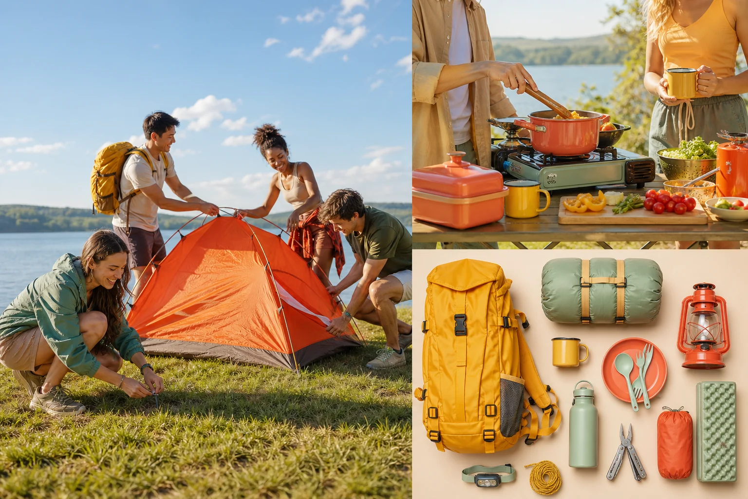 Coordinated RUIANHENG camping assortment at a sunny campsite.