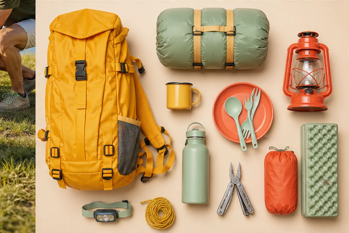 Coordinated camping products arranged for range review.