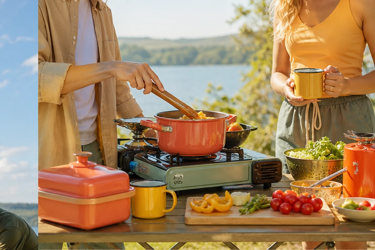 A bright camp kitchen arranged for an outdoor lunch.