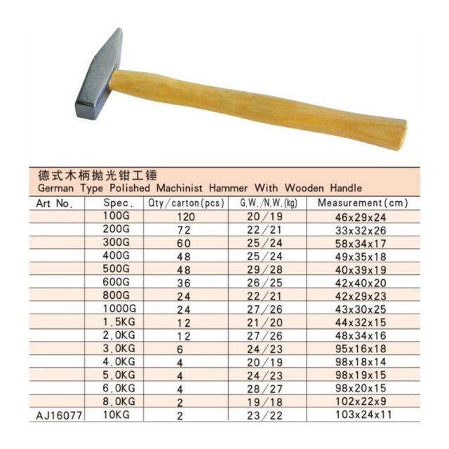 German Type Polished Machinist Hammer With Wooden Handle