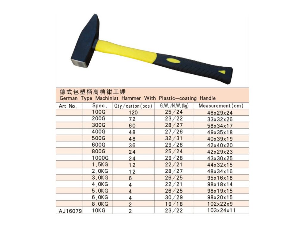 German Type Machinist Hammer With Plastic-Coating Handle