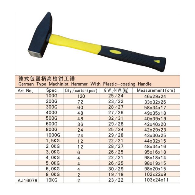 German Type Machinist Hammer With Plastic-Coating Handle